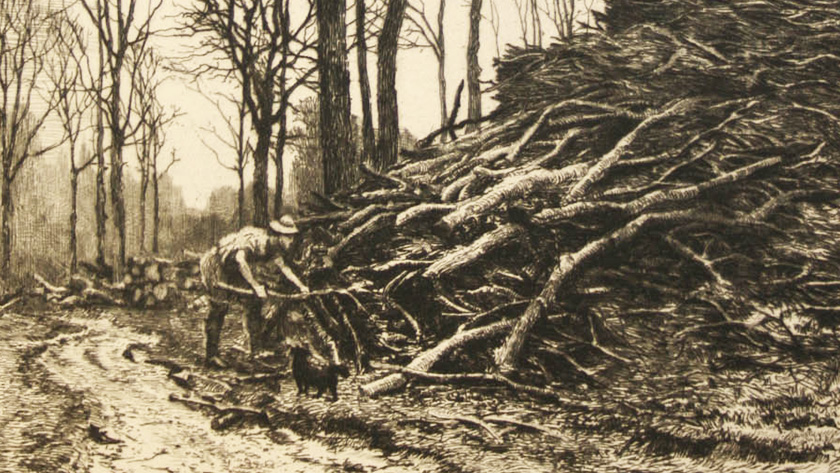 Detail of Frederick Albert Slocombe's etching "Winter Fuel." It depicts a man chopping firewood with a dog nearby.