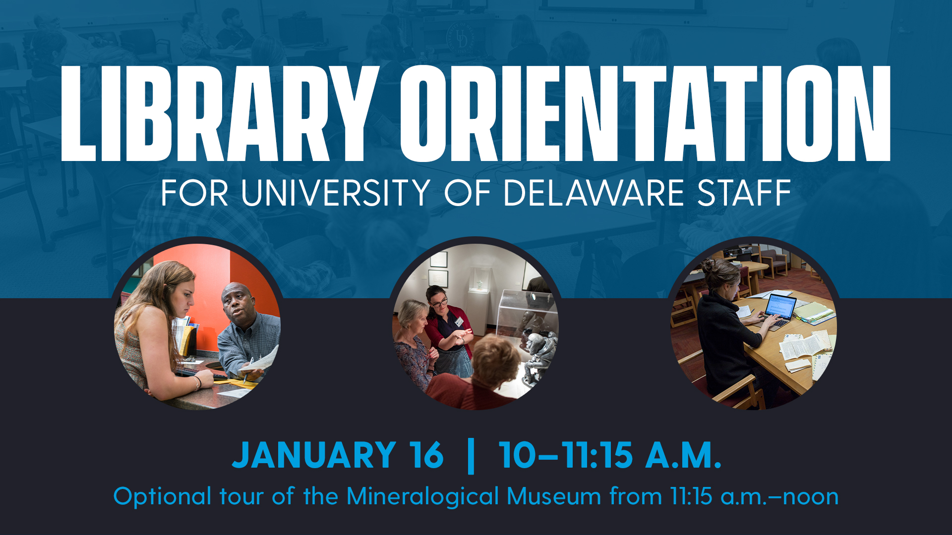 Promotional image for the Library Orientation for UD Staff workshop