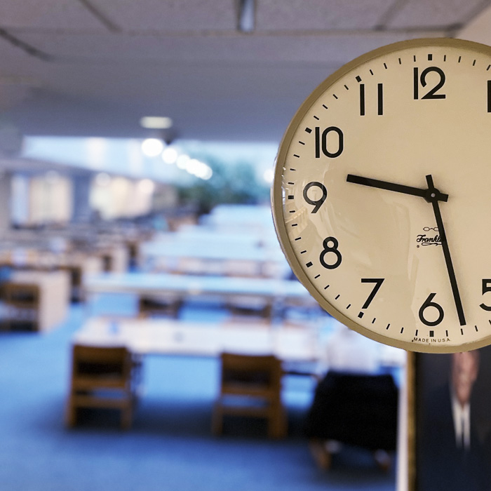 Clock in Morris Library