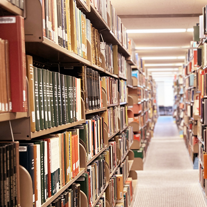 Book stacks in Morris Library