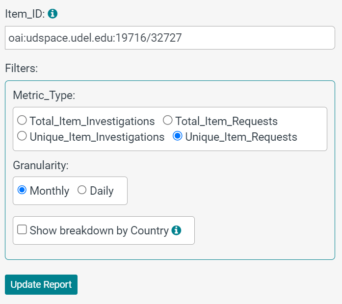 IRUS-US Individual Item Report image, showing the correct format for the item ID, oai:udspace.udel.edu:19716/ plus the item's unique 5-digit ID in UDSpace. 