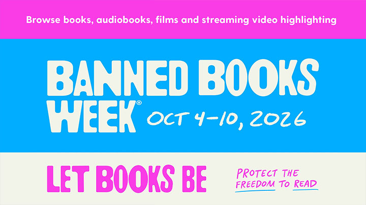 Promotional poster for Banned Books Week (Oct 4–10, 2026) urging readers to "Let books be" and "Protect the freedom to read," presented in bold blue, pink, and cream color blocks.