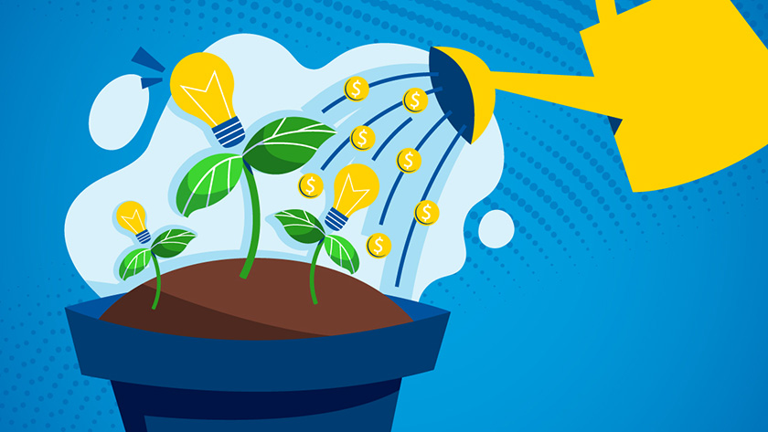 An illustration of a flower pot that is growing ideas, represented by light bulbs. A water can is watering the ideas and helping them grow.