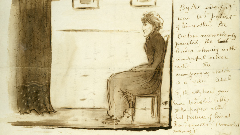 An excerpt of a handwritten letter that includes an illustration of a seated individual.