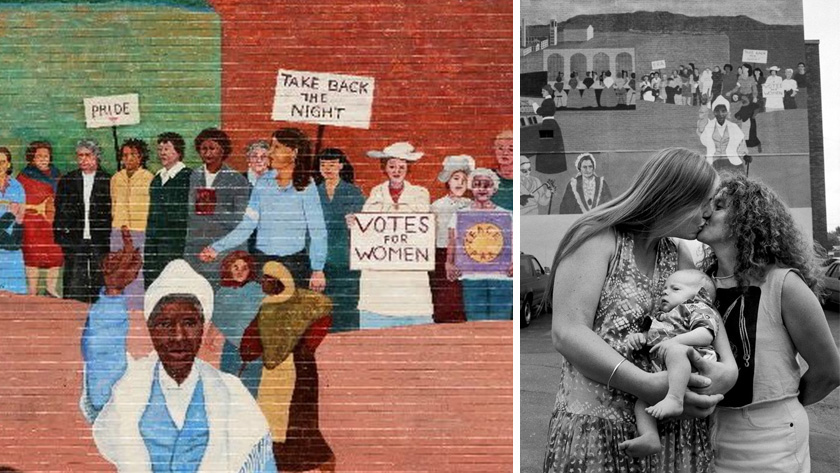 On the left, a mural of women throughout history. On the right, a black-and-white photograph of two women kissing and holding a baby between them in front of the same mural.