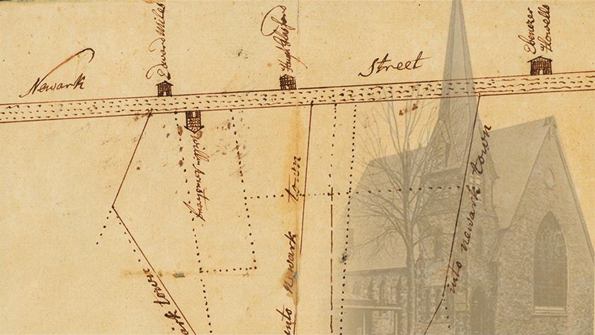 A hand-drawn early map of Newark overlaid on a picture of a local church.