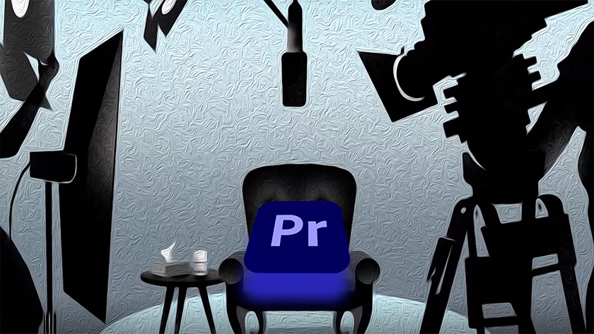 Playful illustration of Adobe Premiere being filmed and interviewed
