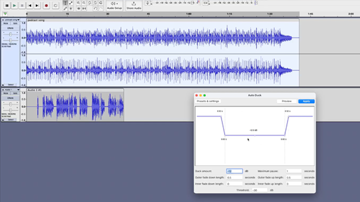 An active window in Audacity, showing the soundwaves and editing tools