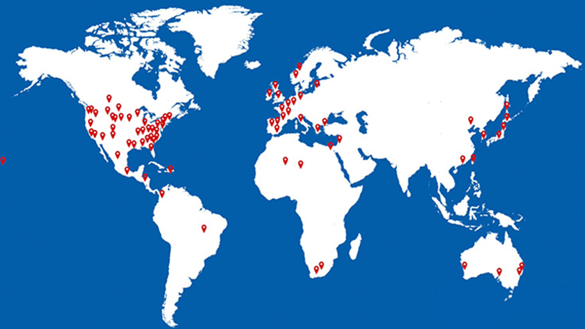A map of the world that includes red pins marking the areas where the Library, Museums and Press has sent materials to and received materials from through the Interlibrary Loan service.