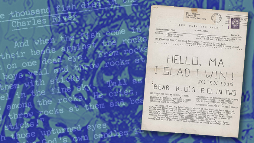 The front page of an issue of The Floating Bear newsletter. The background is text from another issue overlaid on artwork from a separate issue.