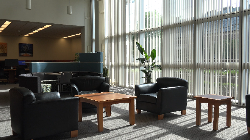 A still image of a soft seating area in the library. This is an example of the type of b-roll footage you could record and use.