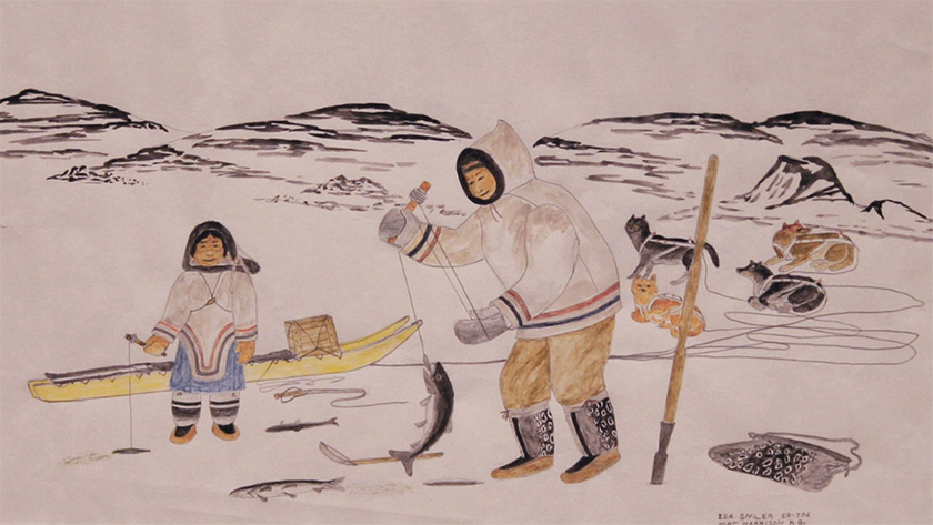 An illustration of a man and woman going ice fishing through an ice hole.
