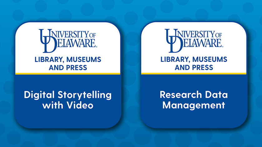 Rounded corner square badges that read: Library, Museums and Press Digital Storytelling with Video and Research Data Management.