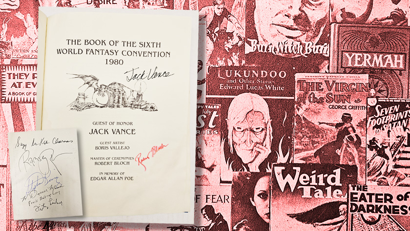 Red-tinted background with images of goblins, witches and ghouls. Foreground are signed papers that read in part: The Book of the Sixth World Fantasy Convention, 1980.