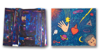 Two side-by-side artworks featuring a dark blue layered abstract collage on the left and a vibrant turquoise surrealist illustration with celestial and esoteric symbols on the right.